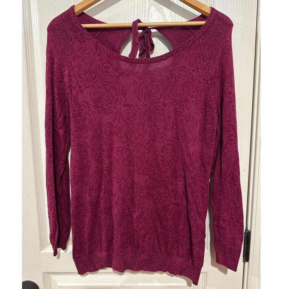 Banana Republic Berry Burgundy Large Sweater keyhole tieback floral pattern